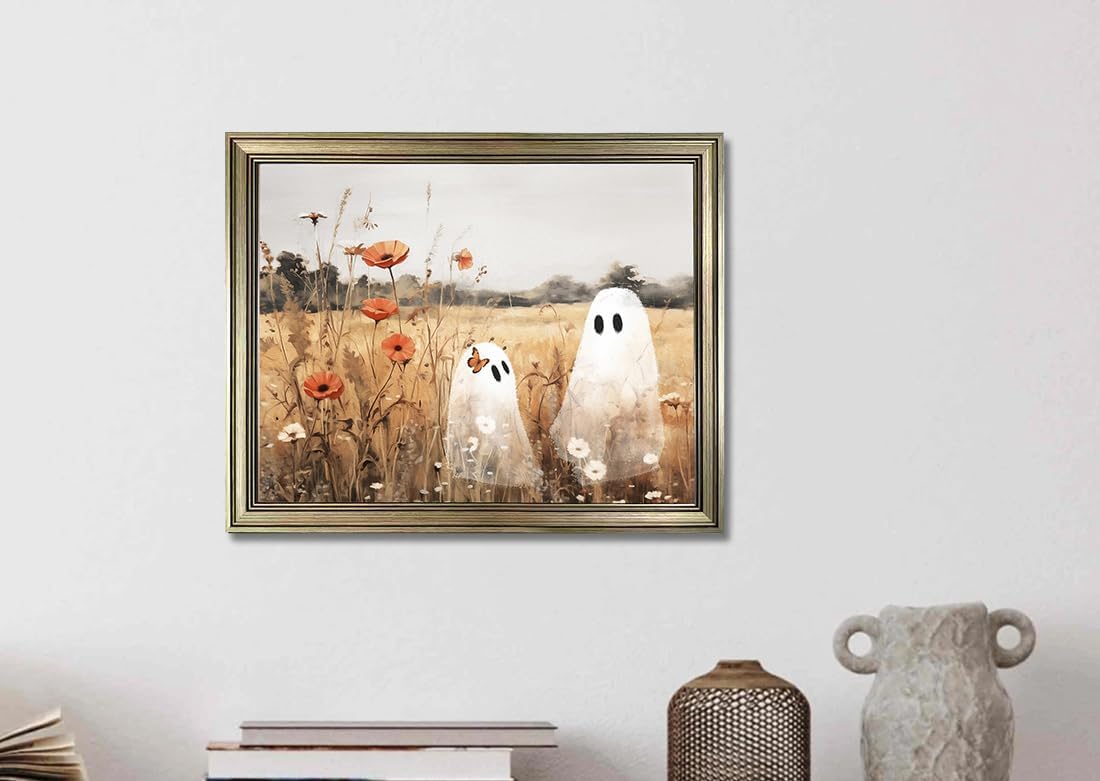 Ghost Painting Framed Halloween Wall Art Vintage Halloween Decor Cute Ghosts In Wildflower Meadow Print Picture Room Decor