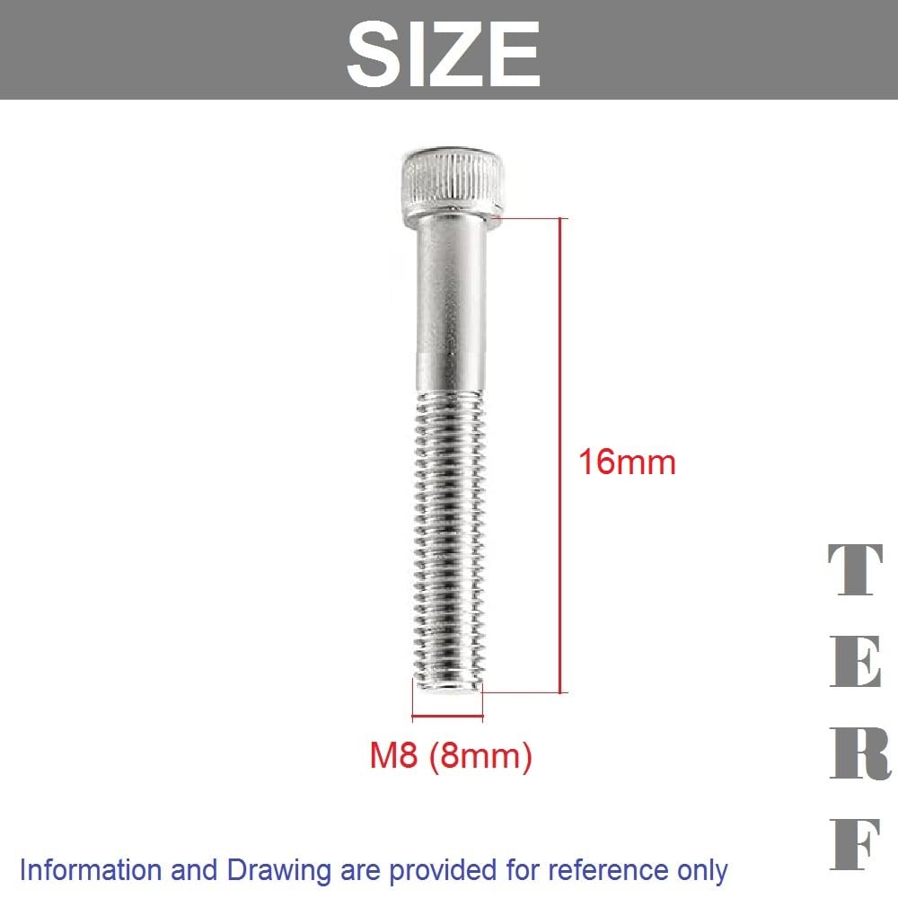 TERF® M8 X 16mm Hex Socket Cap Head Machine Screws Stainless Steel A2 (304) Machine Screw M8 (8mm) X 16mm Allen Key Hexagonal Socket Cap Bolts - Image 3