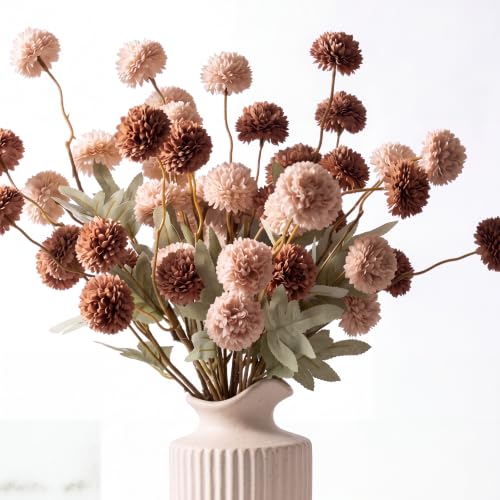Image of Giegxin 5 Pcs Fake Flowers Heads Faux Flowers Pompom Mums Flower Home Decor Floral Pick Chrysanthemums Stems for Vase Arrangement Table Centerpieces Decorations (Brown,Cream)