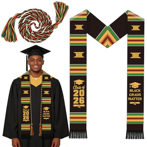 Silkovahamd 2026 Black Graduation Stole - Yellow Red Green Black Honor Cord, 2026 Graduates Sash High School College Ceremony Accessory