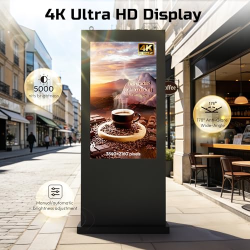 Image of 65 Inch 4K Outdoor Digital Signage, IP66 5000 Nits Auto-Brightness Adjustment Floor Standing Kiosk, CMS /WiFi /HDMI /USB Input, Multifunctional Advertising Display for Business Advertisement