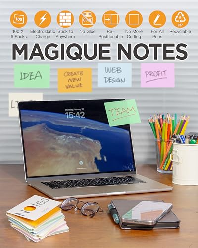 EasyCling® Lot de 600 feuilles de notes autocollantes électrostatiques pour toutes les surfaces, mobiles et coulissantes sur n'importe quelle surface, 10 x 7,5 cm – vue 2