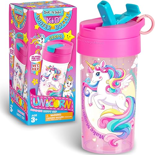 17oz Unicorn Kids Water Bottle Total My Style Toddler Spout Cover and Carry Handle Design Lid Leak Proof BPA free Cup for Girls Ages 3+ Dishwasher Safe for Sports School Travel with Silicon Straw