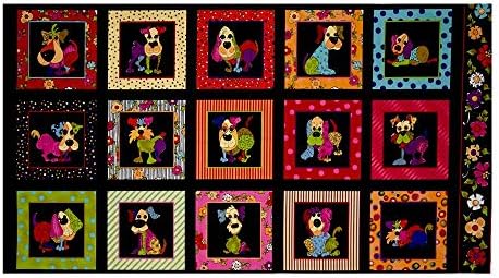 Loralie Designs Dog Happy 23.5in Panel Multi Quilt Fabric, Gold/Red/Black