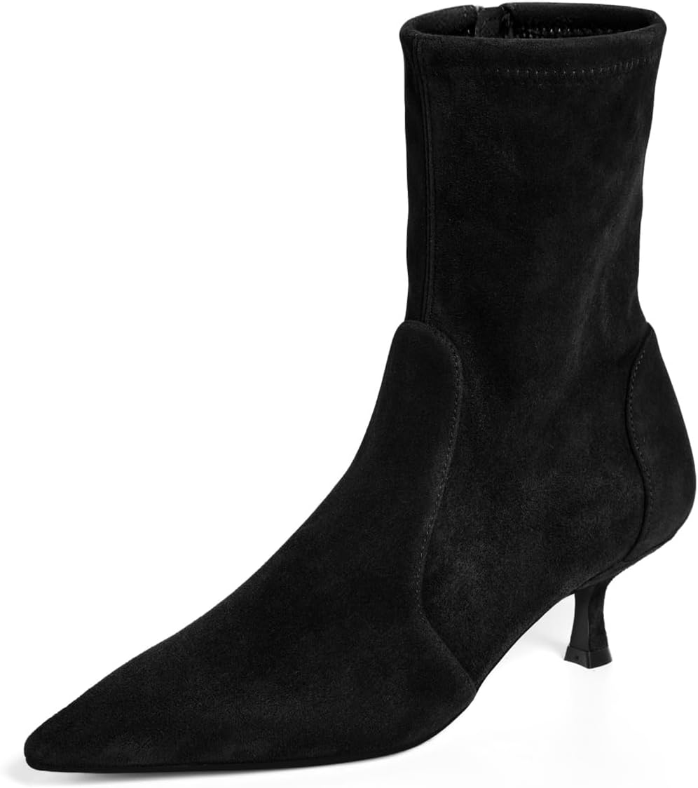 Womens Low Kitten Heel Ankle Boots Pointed Toe Booties Side Zipper Fall Shoes