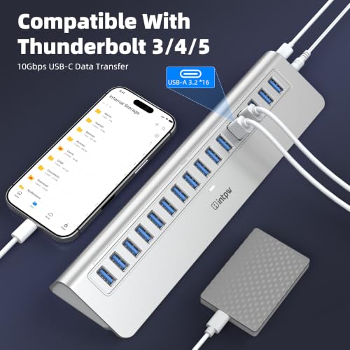 Image of Powered USB Hub 10Gbps, intpw YH16A 16-Port USB 3.2 /USB A Hub (16 x USB-A 3.2), USB Hub Powered with 65W Power Adapter, 3Ft Cable, Aluminum USB Hub for PC /Laptop,Computer, Flash Drive, Printer, Camera