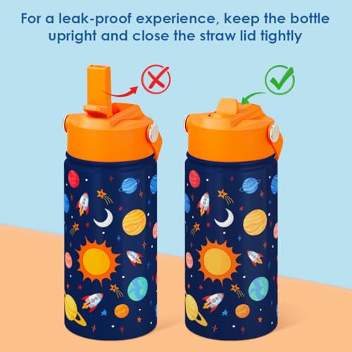Image of SANDJEST Kid Water Bottle 12oz with Straw Lid - 2-Pack Insulated Stainless Steel Water Bottles for Kids Boys Girls - Travel Cup for School Sports, Outer Space & Astronaut