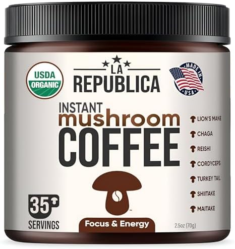La Republica Instant Mushroom Coffee Organic – 100% Arabica Coffee with Lion’s Mane, Reishi & 5 More Mushrooms for Focus, Immunity, Energy Support & Fast Metabolism – 35 Servings
