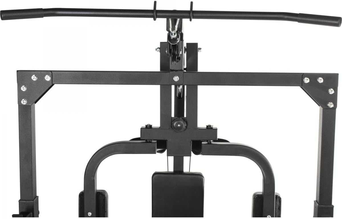 Top view of the lat pulldown bar and main frame of the home gym.