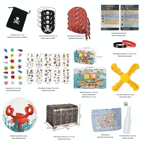 Pirate Treasure Hunt Kit for Kids 43pcs with Toy Chest, Map in Bottle, Costumes, Clues, Game Instructions, Inflatable Ball, Underwater Gemstone, Frisbee. Fun Outdoor Exploration Experience for Family - Image 4