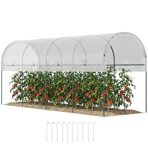 Outsunny Gewächshaus Winterfest Foliengewächshaus mit Bogendach, Erdanker Robuster Stalrahmen, Offenes Treibhaus zum Stecken, 400 x 120 x 170cm, Tomatenhaus für Tomaten, Gemüse, Pflanzen, Weiß