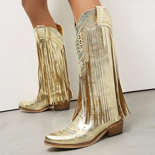 Image of Fringe Cowboy Boots for Women Wide Calf Embroidered Tassal Cowgirl Boot Knee High Snip Toe Pull On Western Shoes