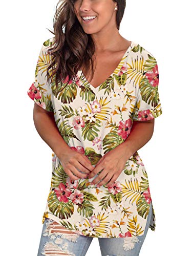 Image of Sampeel Women's V Neck T Shirts Casual Rolled Short Sleeve Side Split Summer Tops Loose Fit