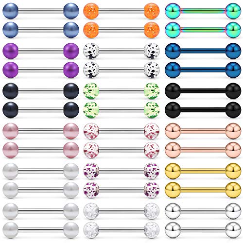 Ruifan 18 Pairs Stainless Steel Nipplerings Nipple Shield Barbell Tongue Rings Bar Body Piercing Jewelry 16G 16mm for Women Men Option 1#