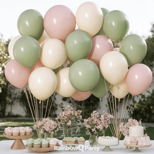 Image of Pink and Green Balloons 12 Inch 67PCS White Sage Green Balloons Latex Helium Balloon Set for Anniversary Wedding Birthday Party Decorations