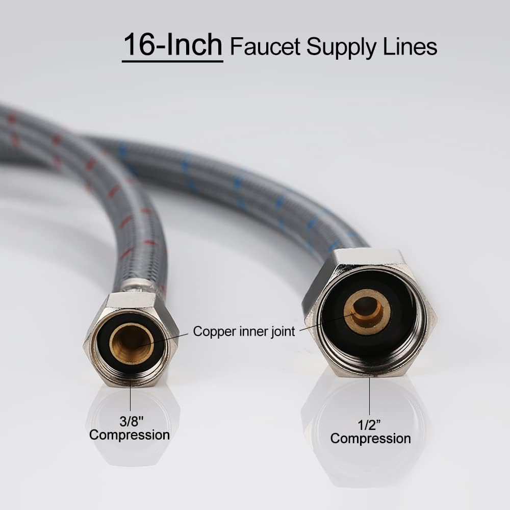 WOWOW 16 Inch Faucet Supply Hose Faucet Line Braided Nylon Sink Faucet Supply Line 3/8" Comp x 1/2" Comp 2Pcs (1 Pair) image 2