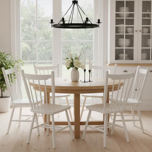 Image of HNY White Windsor Dining Chairs Set of 4, Farmhouse Wooden Kitchen Chairs with Spindle Back, Mid Century Modern Armless Kitchen Side Chair for Dining Living Room Restaurant