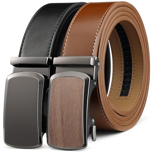 Drowsmen Ratchet Belt for men, leather belt 2 packs in Gift Set Box Size Adjustable belt, waist Trim to Fit