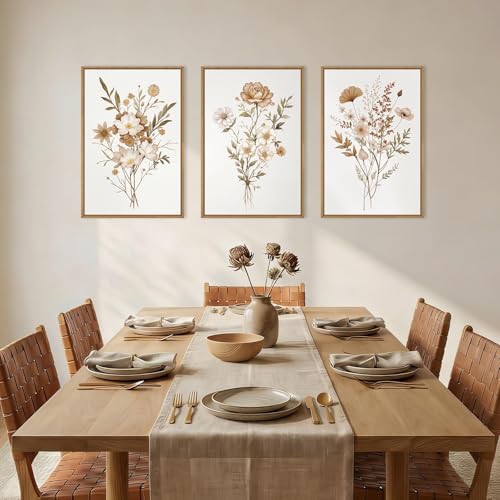 Image of KAIRNE Neutral Boho Floral Framed Canvas Wall Art Set, Vintage Botanical FlowerWall Decor, Minimalist Wildflower Art Prints, Modern Beige Artwork for Living Room, Bedroom, Farmhouse, Office-24 x36 x3