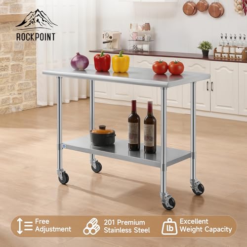 Image of ROCKPOINT All Stainless Steel Prep Table with Caster 24x48 Inch, Commercial Heavy Duty Workbench with Stainless Legs & Adjustable Undershelf, 830 lb Capacity for Outdoor Kitchens with Wheel
