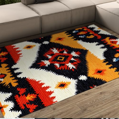 Colorful Geometric Area Rug 6x8ft Black White Orange Rhombus Pattern