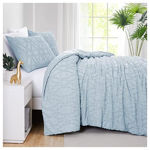Southshore Fine Living, Inc. Tufted Comforter Bedding Set Clipped Jacqaurd Down Alternative All-Season Warmth, Soft Reversible Bedspread 3-Piece with Two Matching Shams, Boho Blue, Full/Queen