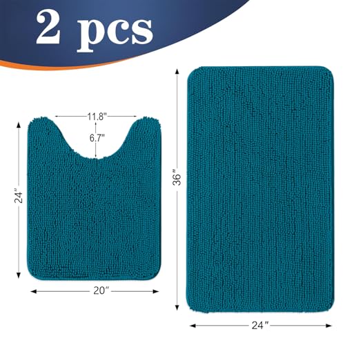 Image of OLANLY Bathroom Rugs Sets 2 Piece, Soft Absorbent Chenille Bath Mats and U-Shaped Contour Toilet Mat Area Rug Set, Machine Washable Bath Carpet, Home Decor Accessories(36 inchx24 inch+24 inchx20 inch, Peacock Blue)