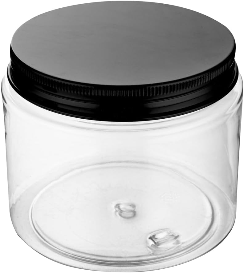 RW Base 16 Ounce Candy Jars, 10 Durable Kitchen Storage Containers - Round, Airtight Seal, Clear Plastic Snack Jars With Black Aluminum Lids, For Table Display, Or Candy Buffet - Restaurantware