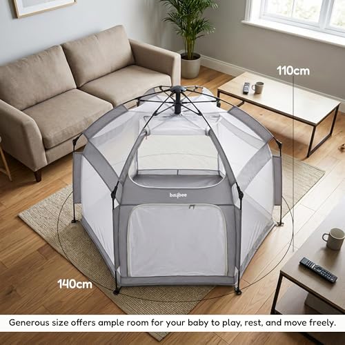 Image of Baybee 140 x 110 Cm JoyNest Kids Playpen for Babies Up to 5 Years | Foldable Playard for Babies with Mosquito Protection & Zipper Lock | Baby Indoor & Outdoor Play Area Setup with Hexagon shape for Extra Space (Light Grey)
