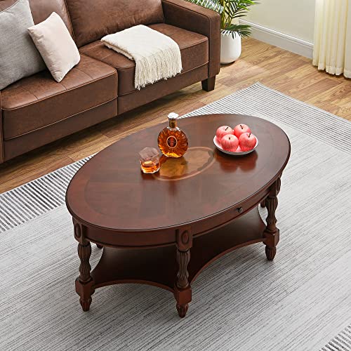 Jesonvid Solid Wood Oval Coffee Table With Drawer And Storage Shelf, Traditional Vintage Center Table Polished Edging Cocktail Tea Table For Living Room Bedroom Home, Cherry Walnut #TOP7
