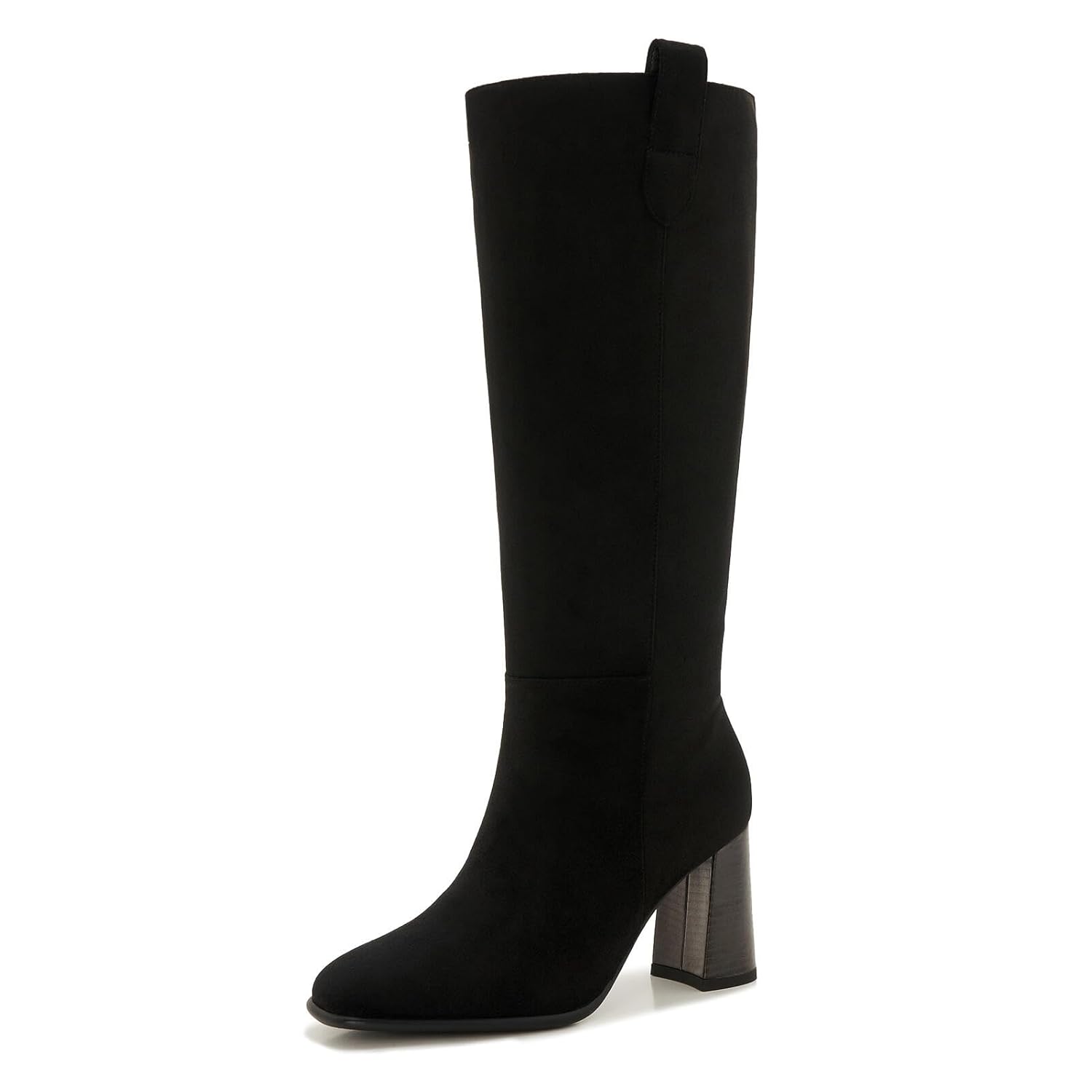 ZXHYZLZ Womens Black Suede Wide Calf Square Toe Knee-High Boots Fall Winter Chunky Heel Boots with Pull-On