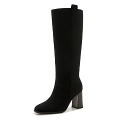ZXHYZLZ Womens Black Suede Wide Calf Square Toe Knee-High Boots Fall Winter Chunky Heel Boots with Pull-On