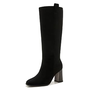 ZXHYZLZ Womens Black Suede Wide Calf Square Toe Knee-High Boots Fall Winter Chunky Heel Boots with Pull-On