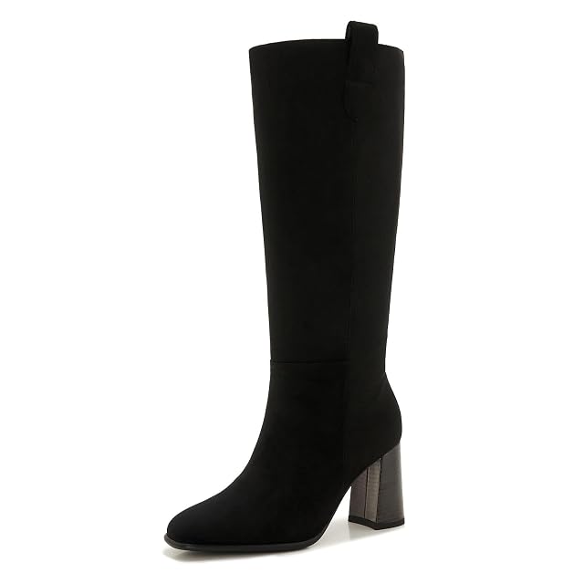 ZXHYZLZ Womens Black Suede Wide Calf Square Toe Knee-High Boots Fall Winter Chunky Heel Boots with Pull-On