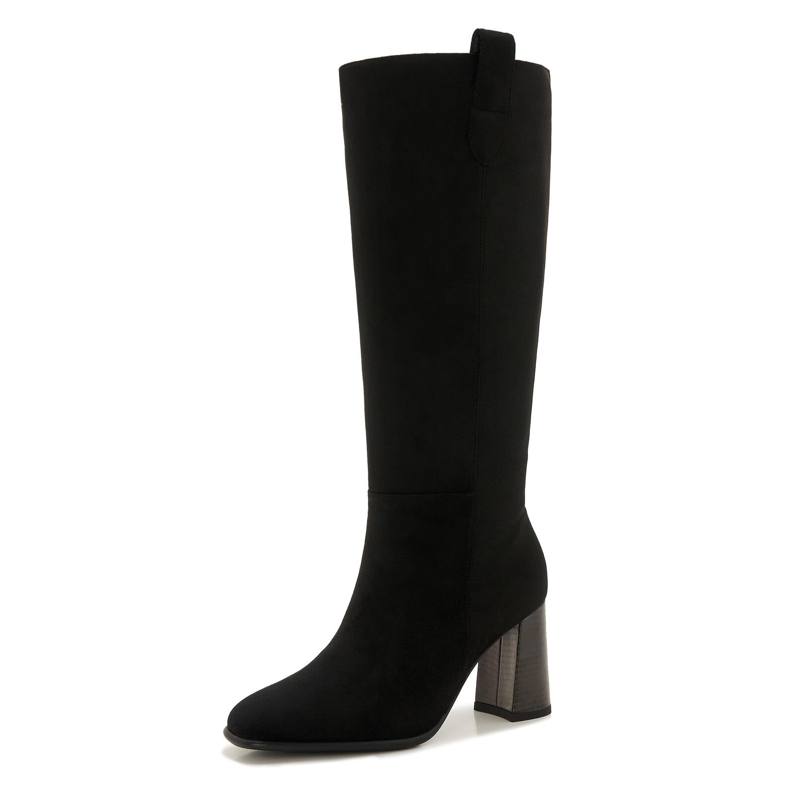 ZXHYZLZ Womens Black Suede Wide Calf Square Toe Knee-High Boots Fall Winter Chunky Heel Boots with Pull-On