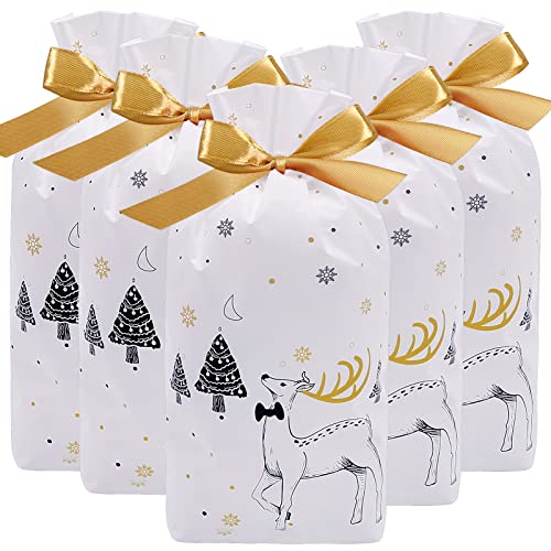 HRX Package 50 Stück Plätzchentüten, Kleine Tüten für Süßigkeiten Verpackung Kekstüten Weihnachten Geschenktüte Gebäcktüten mit Kordelzug für Adventskalender Partytüten Cover