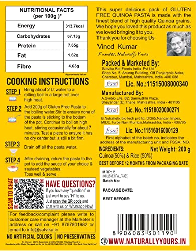 Image of Naturally Yours Gluten Free Quinoa Pasta - 40% Quinoa | No Maida, No Onion No Garlic, Jain Friendly, Preservative Free, Vegan | High Protein & Antioxidants | Non-Sticky Healthy Pasta | 200g Pack