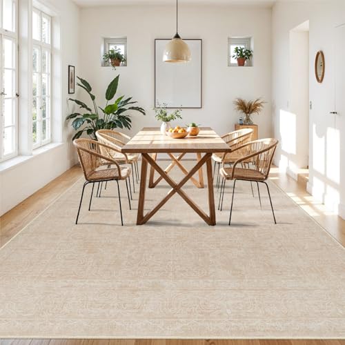 RUUGME 9x12 Washable Area Rugs - Large Boho Rugs for Living Room Stain Resistant Carpet Vintage Tribal Rugs for Bedroom Kitchen with Non Slip Backing Decor Floor Decoration Mat 9x12 Beige Yellow