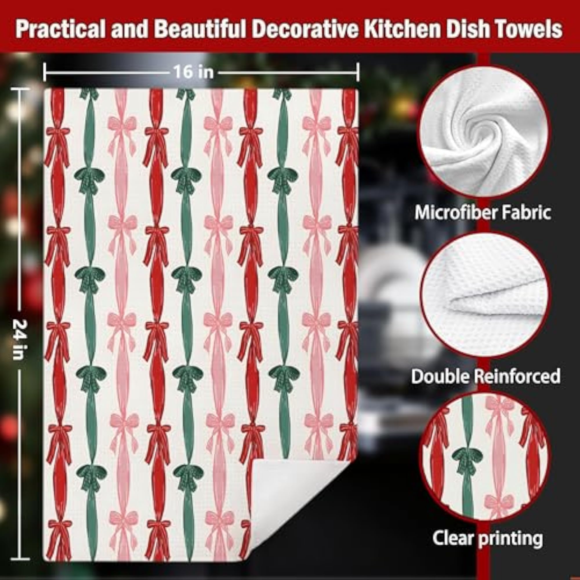 Red Pink and Green Bow Christmas Kitchen Dish Towels