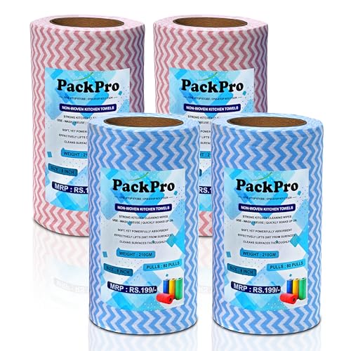 Image of Non-Woven Kitchen Towel Roll | Blue & Red | 320 Pulls | 80 Pulls x 4 Rolls | Washable, Eco-Friendly, Disposable Cleaning Towels for Home, Office, and Kitchen Use | Soft & Highly Absorbent