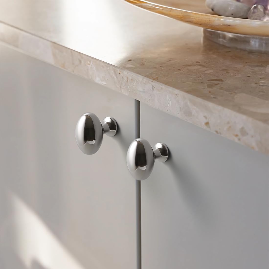 YAGU 10 Pack Polished Chrome Kitchen Cabinet Knobs 1-3/8 Inch Oval Solid Dresser Drawer Knob Polished Nickel Modern Hardware Bright Silver Pulls for Closet Cupboard Wardrobe
