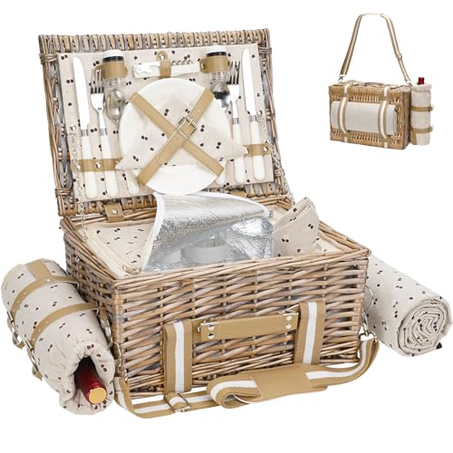 19-teiliges Picknickkorb-Set für 2 mit Decke Weidenkorb mit Gurt Weintasche | Weiden-Picknickset für 2 Personen mit isoliertem Kühler | Weidenkorb mit Besteck-Set Beige