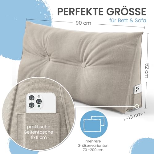 ELONEO Rückenkissen 90 cm breit, Keilkissen für Bett und Sofa geeignet, dreieckiges Lesekissen, Kissen mit abnehmbarem und waschbarem Bezug, mit praktischem Seitenfach