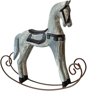 Handmade Vintage Old Collectible Statue Wooden Rocking Horse Figurines Decorative Ornaments Craft Sculpture for Office & Home Room Desktop Christmas Birthday New Year Gift(Gray)