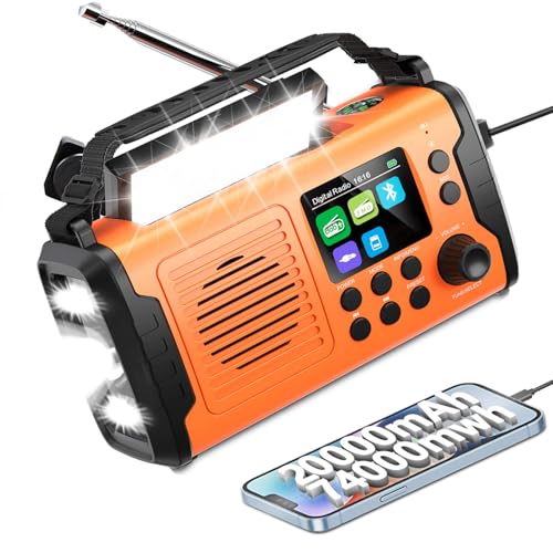 Radio a manovella da 20000 mAh con Bluetooth, radio solare di emergenza DAB/FM con scheda TF, AUX IN, schermo TFT, radio DAB+/FM con torcia LED e luce di lettura, USB, SOS per campeggio, emergenze