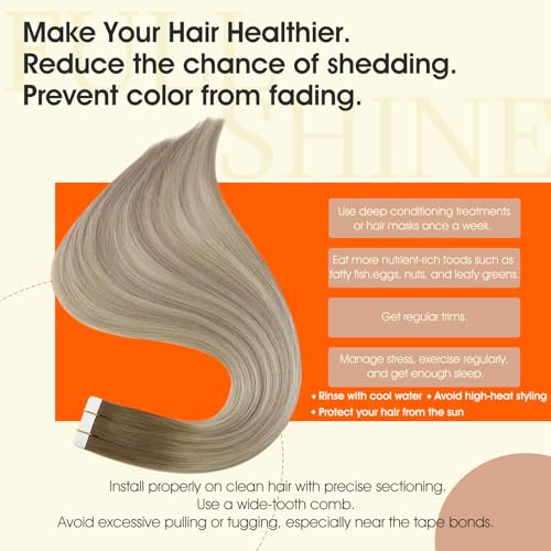 Image of Full Shine Blonde Tape in Hair Extensions Human Hair Color 8 Ash Brown Ombre 60 Blonde And 18 Straight Tape ins Human Hair Extensions 14Inch 50Gram Seamless Invisible Skin Weft 20Pcs for Party