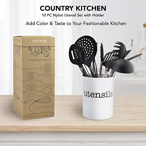 Country Kitchen 10 Piece Nylon Cooking Utensil Set With Holder, Kitchen Tools And Gadgets With Rounded Gunmetal Handles - Black #TOP1