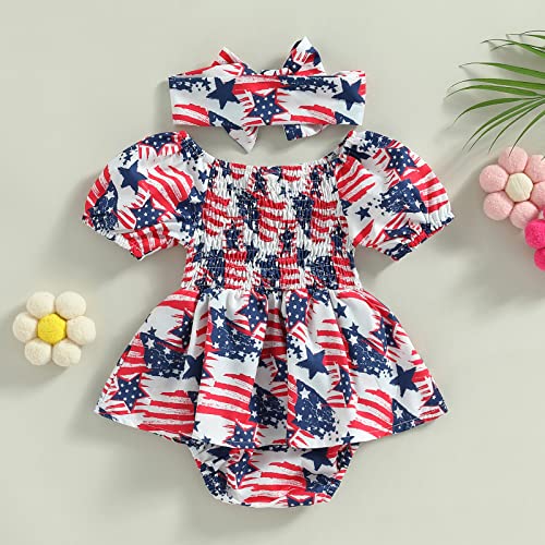 4Th Of July Baby Girl Outfits Newborn Infant Romper Dress Flag Star Print Short Sleeve Ruched Bodysuit Headband Set (White, 0-3 Months) #TOP1