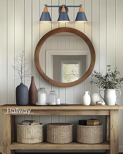 Image of FEMILA Bathroom Vanity Light, 3-Light Modern Bathroom Light Fixture with Hammered Metal Shade Finish, Dark Blue Wall Sconce Lamp Lighting for Bedroom, 4FG59B-3W Blue