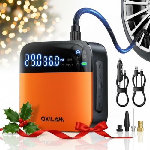 OXILAM C2 Tire Inflator Portable Air Compressor - 150PSI 4X Faster Air Pump for Car Tires with Tire Pressure Gauge, 12V Car Power Adapter, For Cars, Motorcycles, Bikes, Balls and More